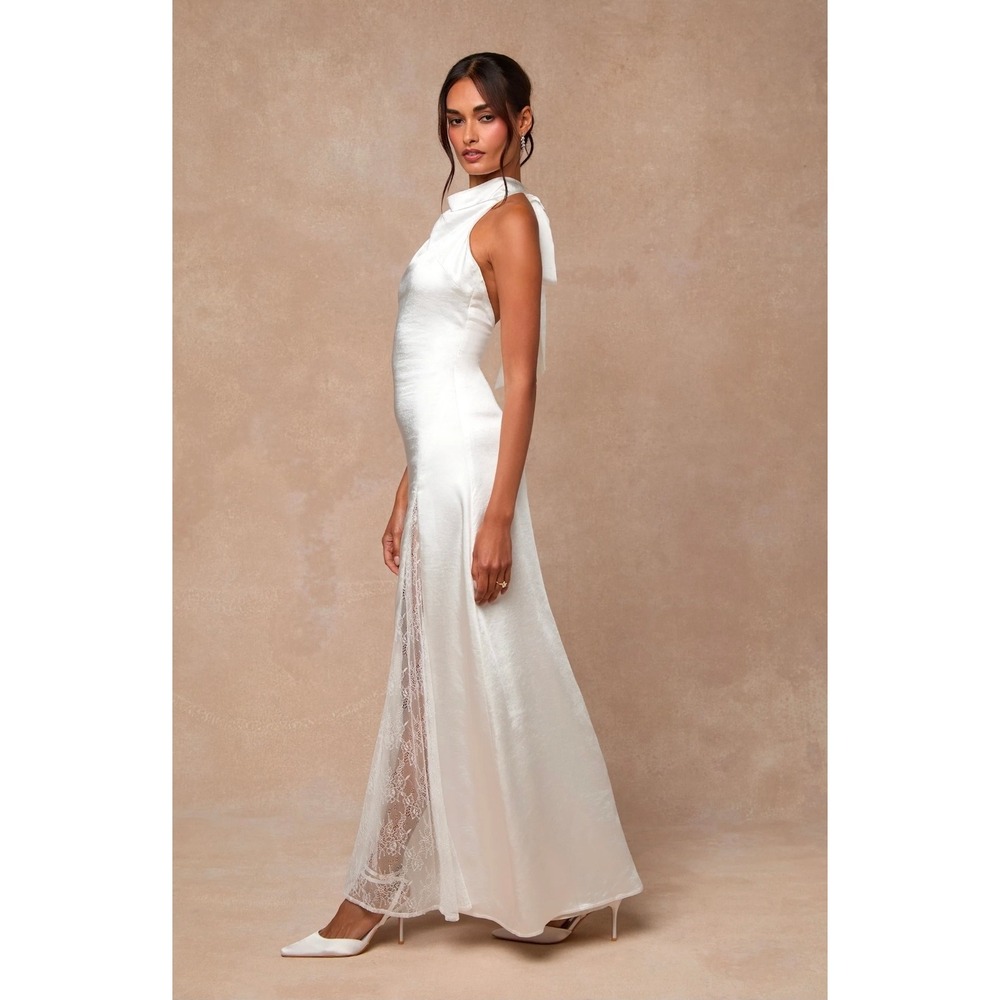 Lulus Concetta Ivory Satin Lace Halter Maxi Dress Small Wedding Bridal Gown